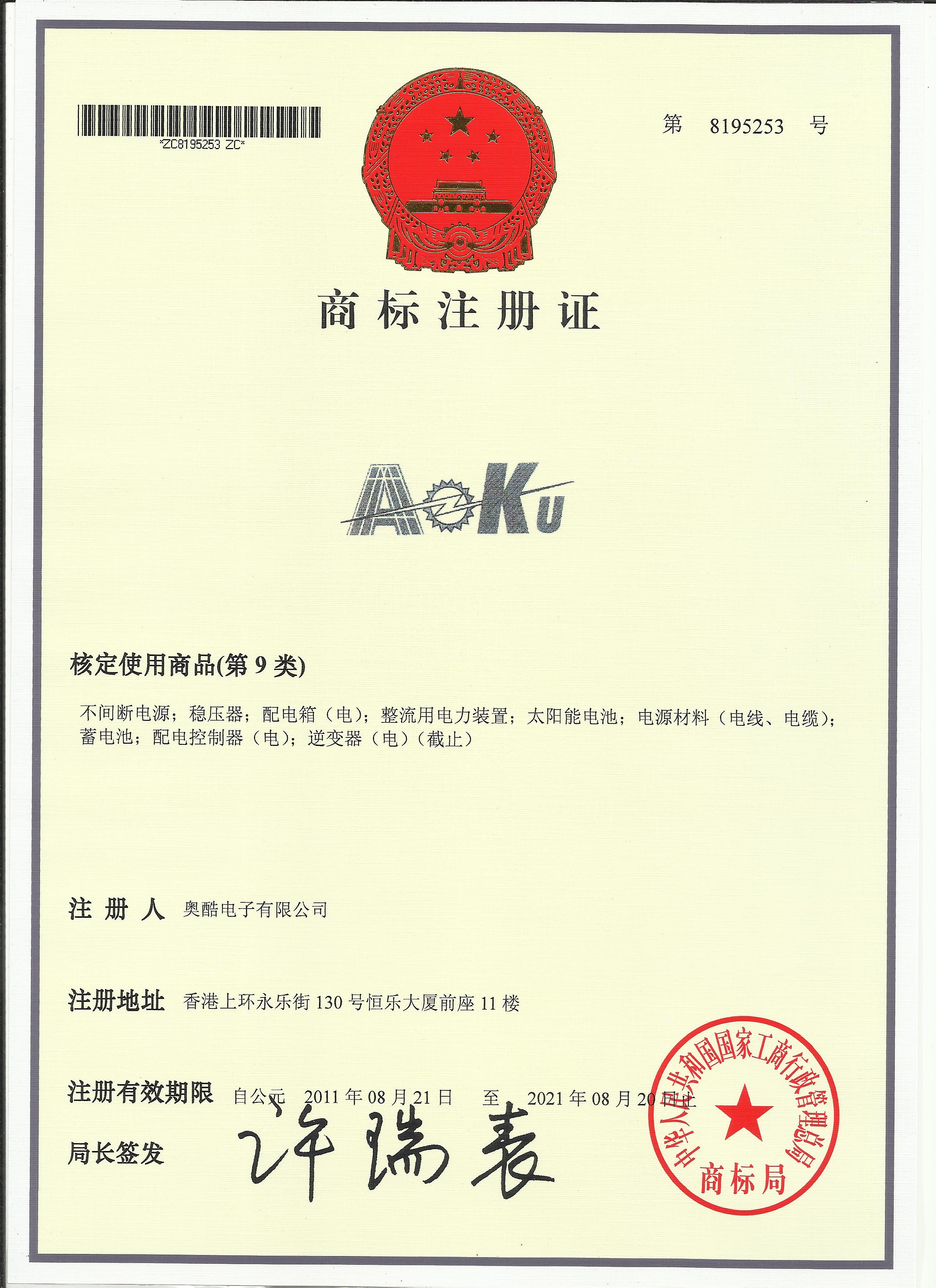 AoKu Brand Trademark Registration Certificate
